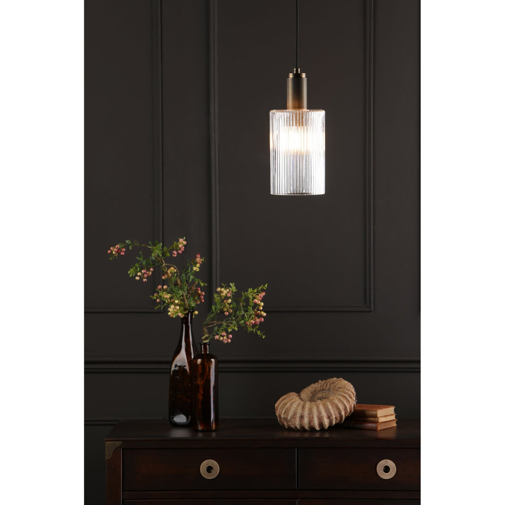 Nikolas Classic Ceiling Pendant Light In Natural Solid Brass With Ribbed Glass NIK0140-E01