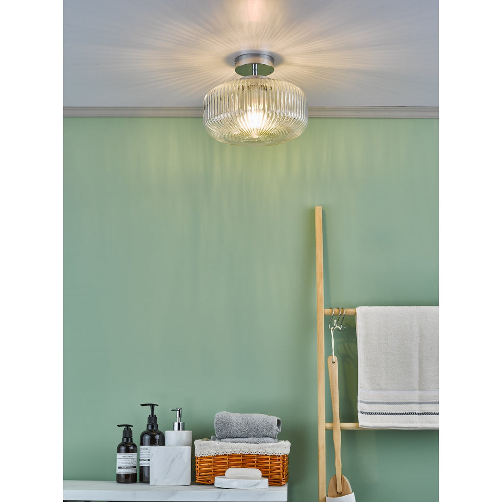Riva Bathroom Semi Flush Ceiling Light In Chrome With Ribbed Glass IP44 RIV5208