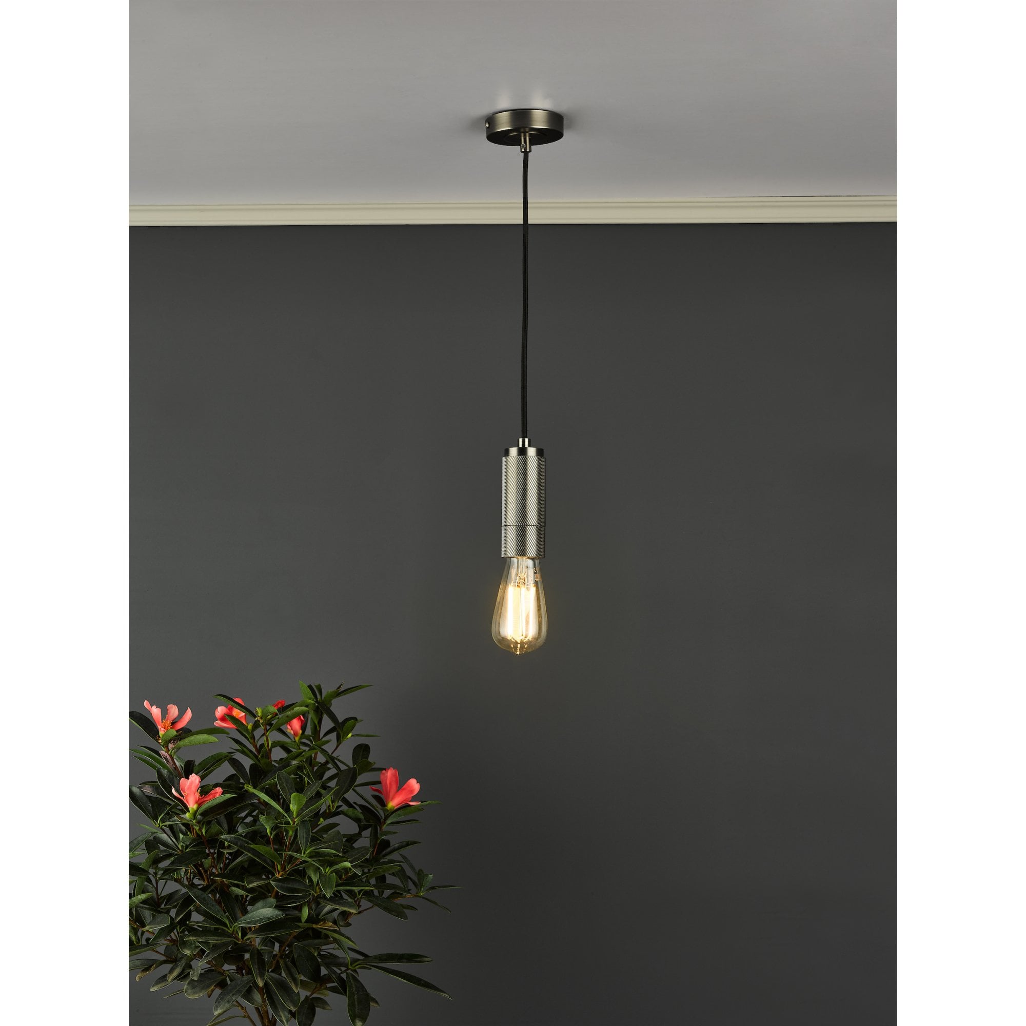 Industrial Knurled E27 Ceiling Suspension In Antique Chrome Finish SPK0167