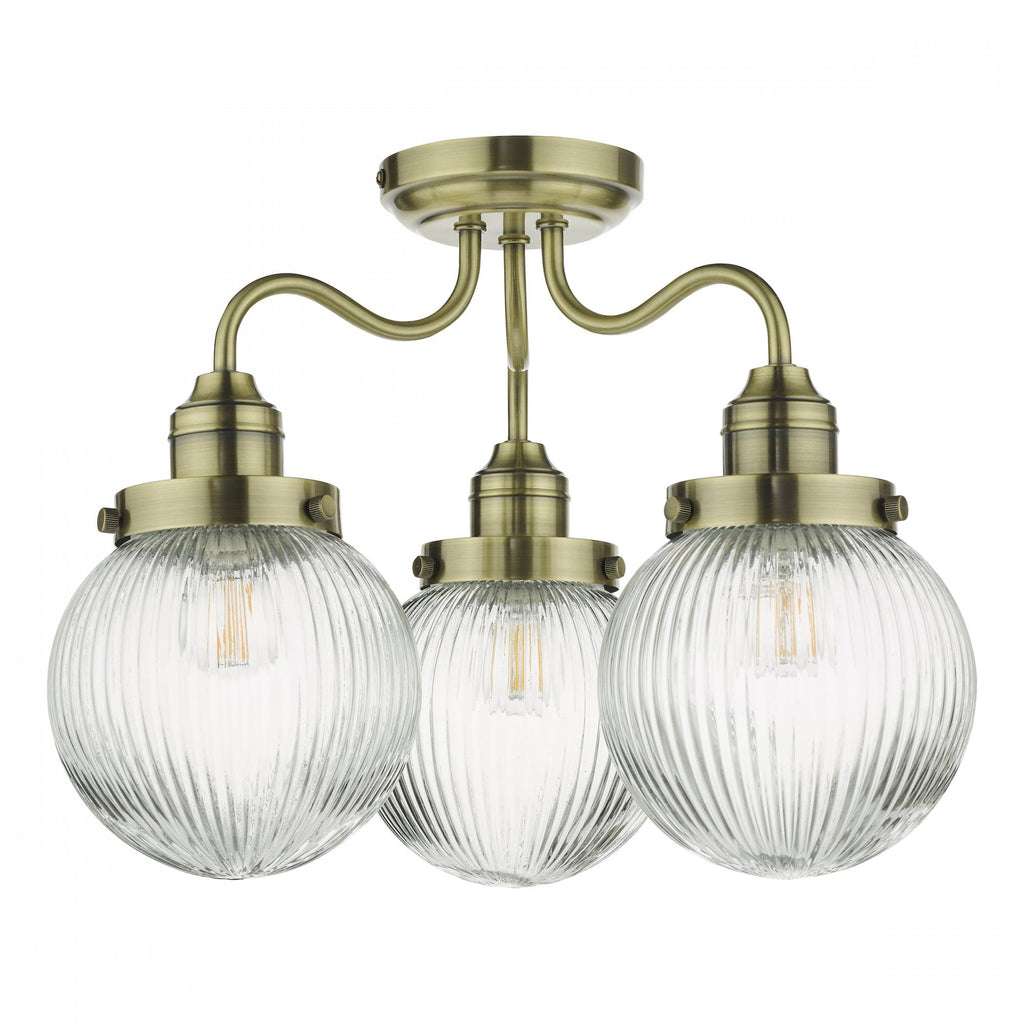 Tamara Bathroom Semi Flush Ceiling Light In Antique Brass With Ribbed Glass TAM5375-IP44