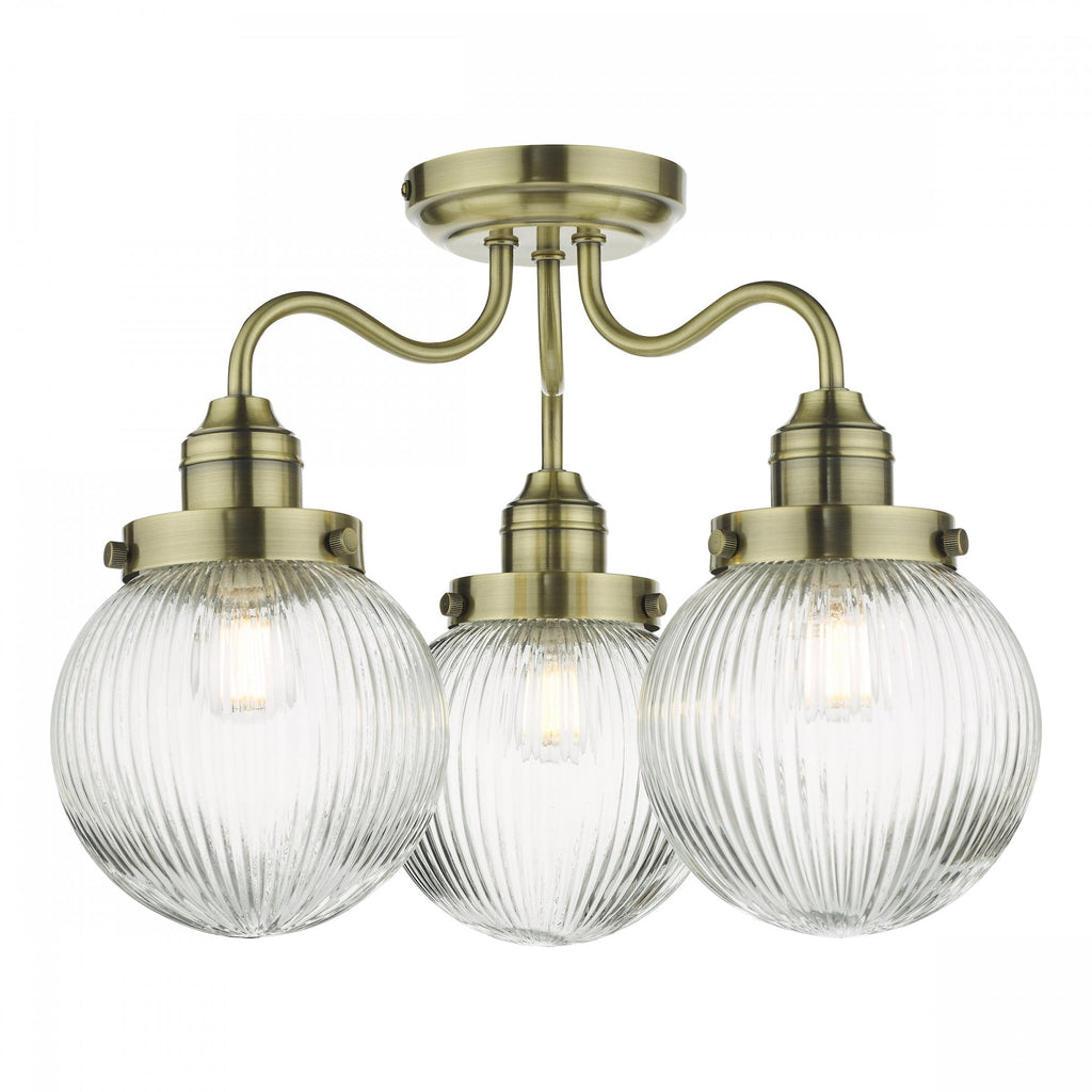 Tamara Bathroom Semi Flush Ceiling Light In Antique Brass With Ribbed Glass TAM5375-IP44