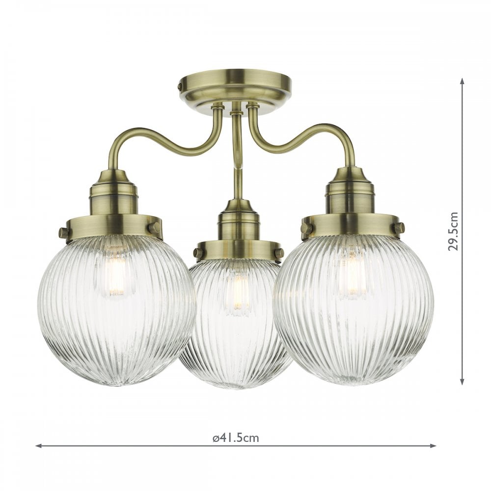 Tamara Bathroom Semi Flush Ceiling Light In Antique Brass With Ribbed Glass TAM5375-IP44