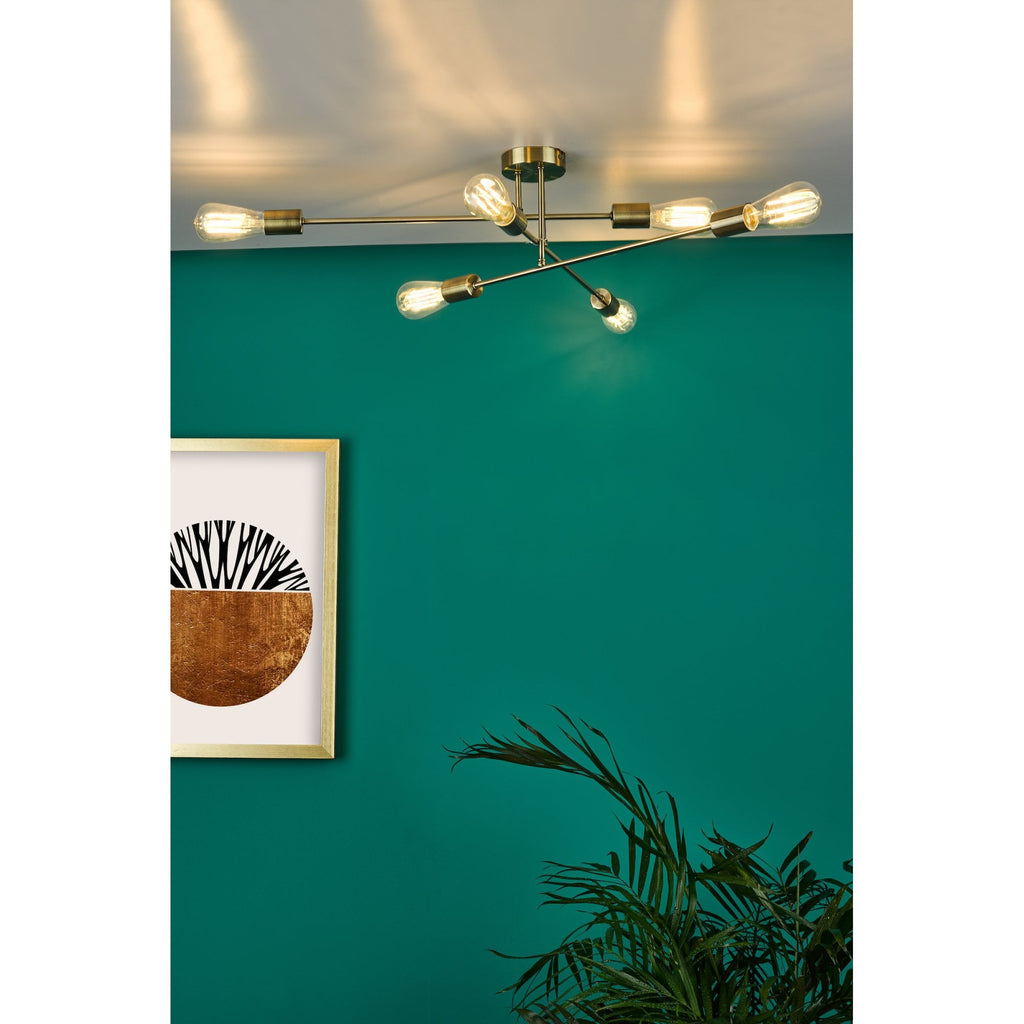 Neve Industrial 6 Light Flush Ceiling Light In Antique Brass Finish NEV6475