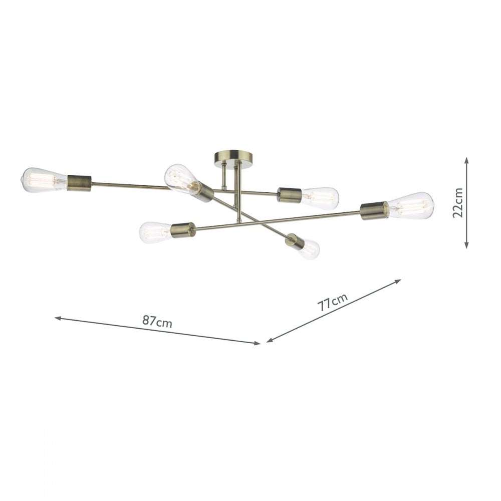 Neve Industrial 6 Light Flush Ceiling Light In Antique Brass Finish NEV6475