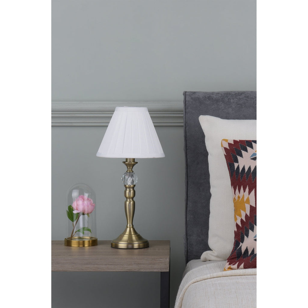 Beau Classic Touch Table Lamp In Antique Brass Finish With White Faux Silk Shade BEA4075
