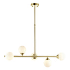 Modern Linear 5 Light Ceiling Pendant Light In Satin Brass With White Glass Shades