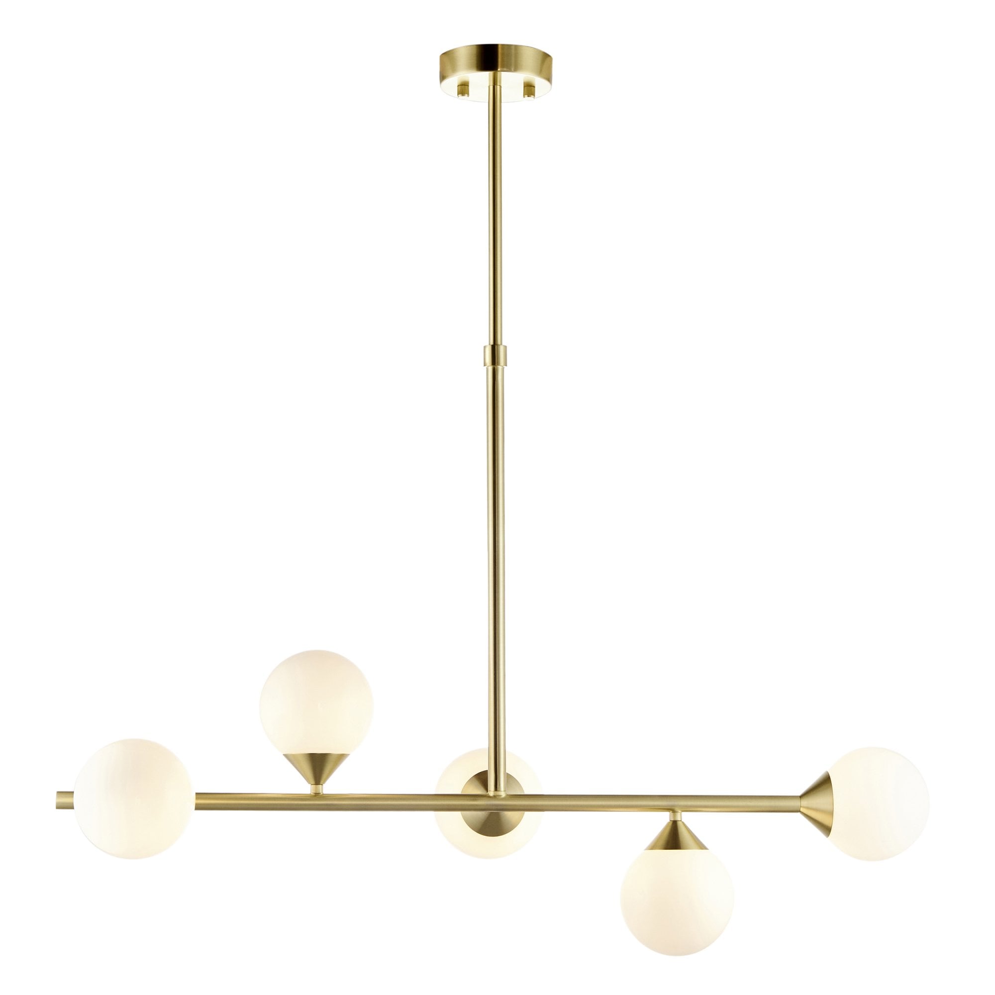Modern Linear 5 Light Ceiling Pendant Light In Satin Brass With White Glass Shades