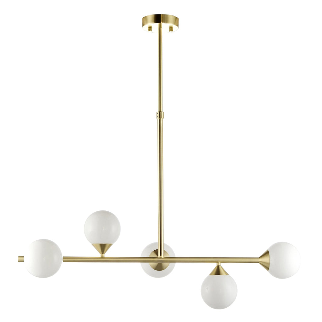 Modern Linear 5 Light Ceiling Pendant Light In Satin Brass With White Glass Shades