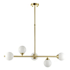 Modern Linear 5 Light Ceiling Pendant Light In Satin Brass With White Glass Shades