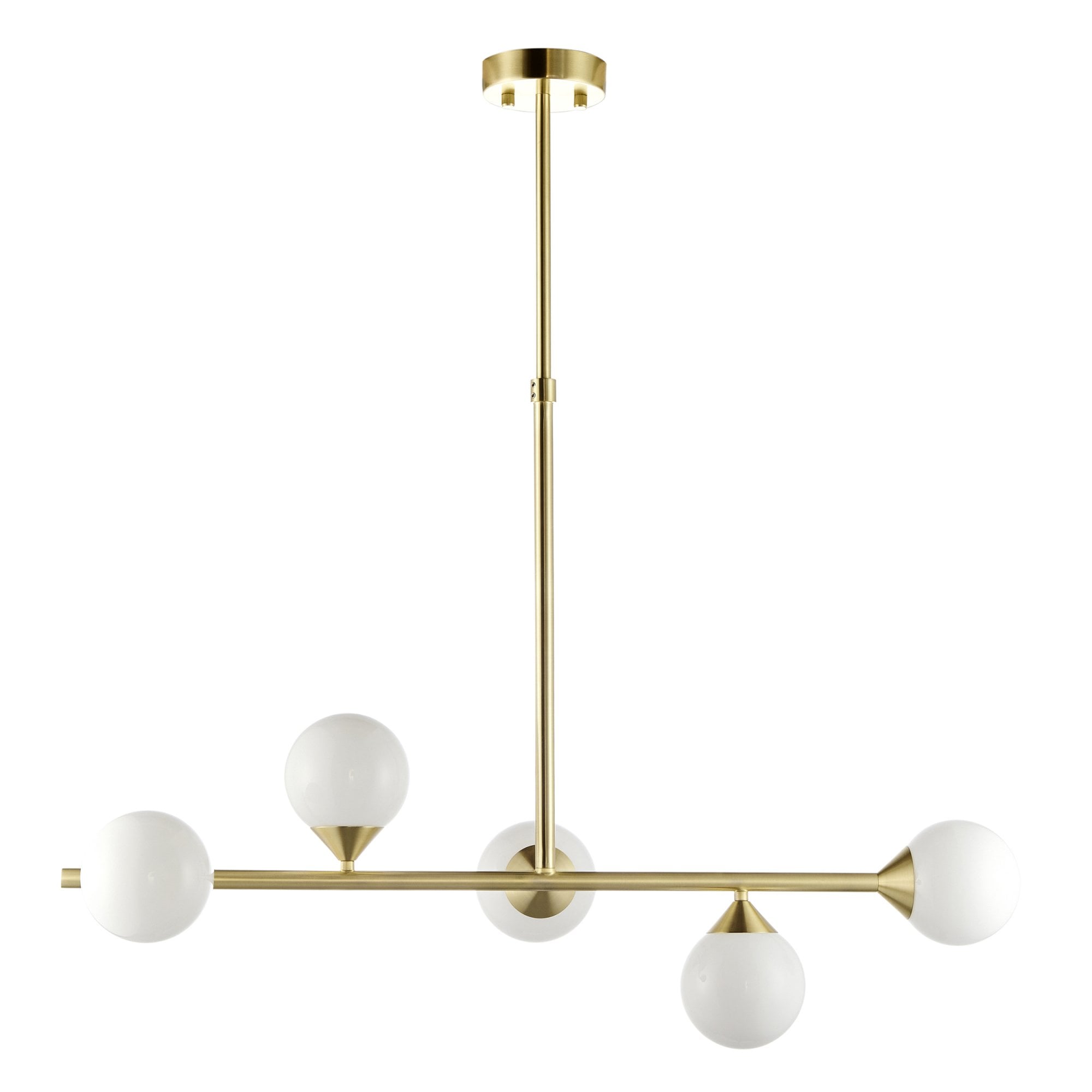 Modern Linear 5 Light Ceiling Pendant Light In Satin Brass With White Glass Shades
