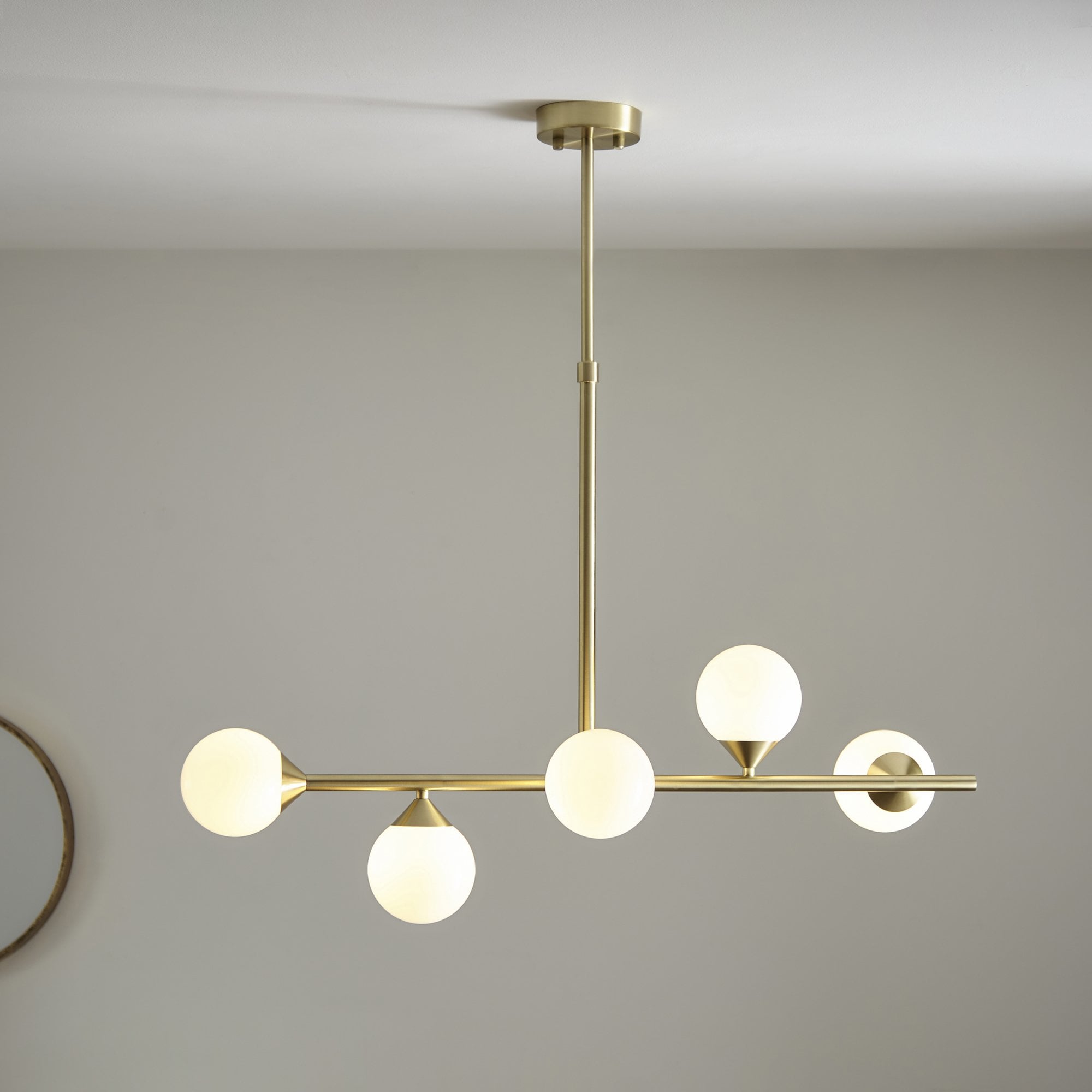 Modern Linear 5 Light Ceiling Pendant Light In Satin Brass With White Glass Shades