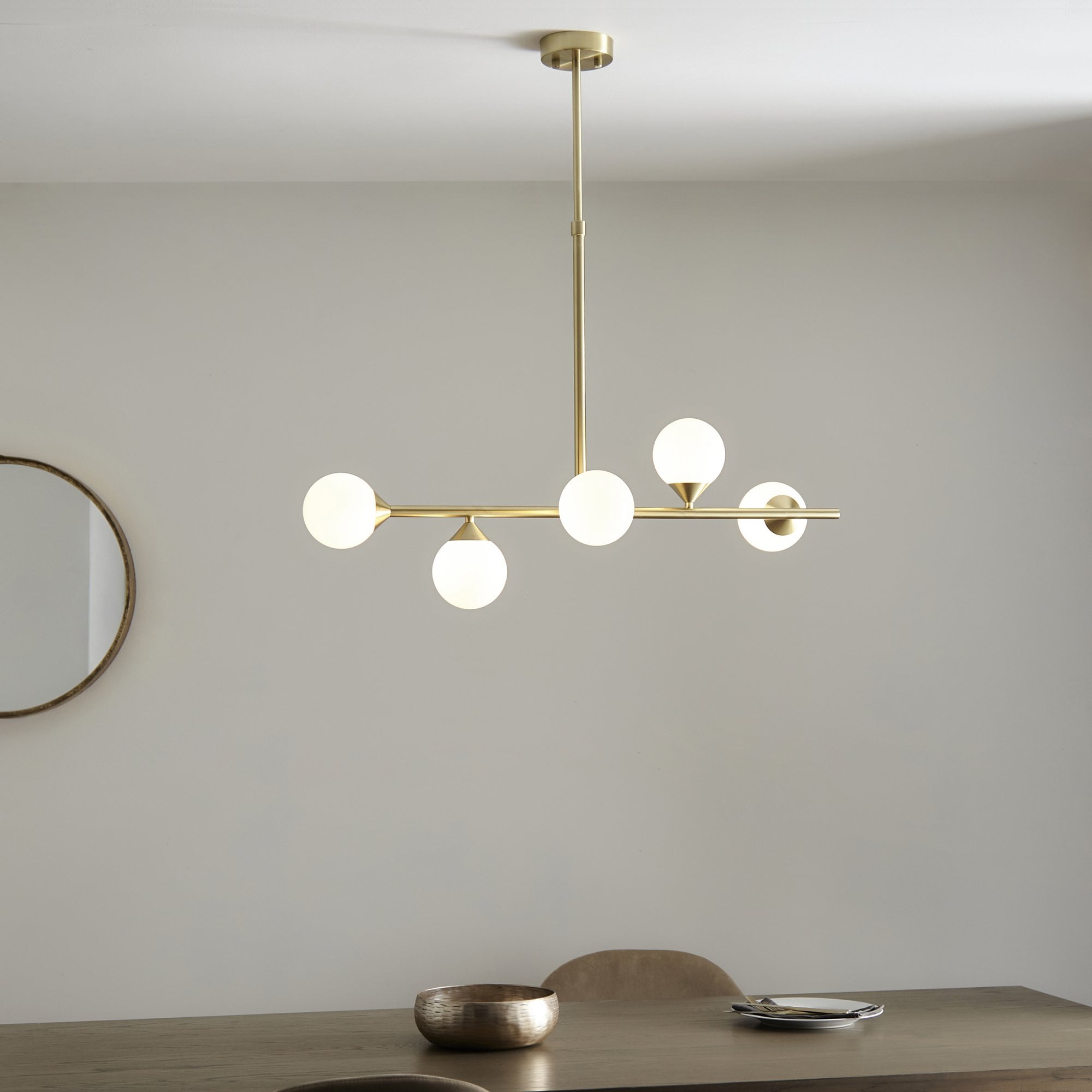 Modern Linear 5 Light Ceiling Pendant Light In Satin Brass With White Glass Shades