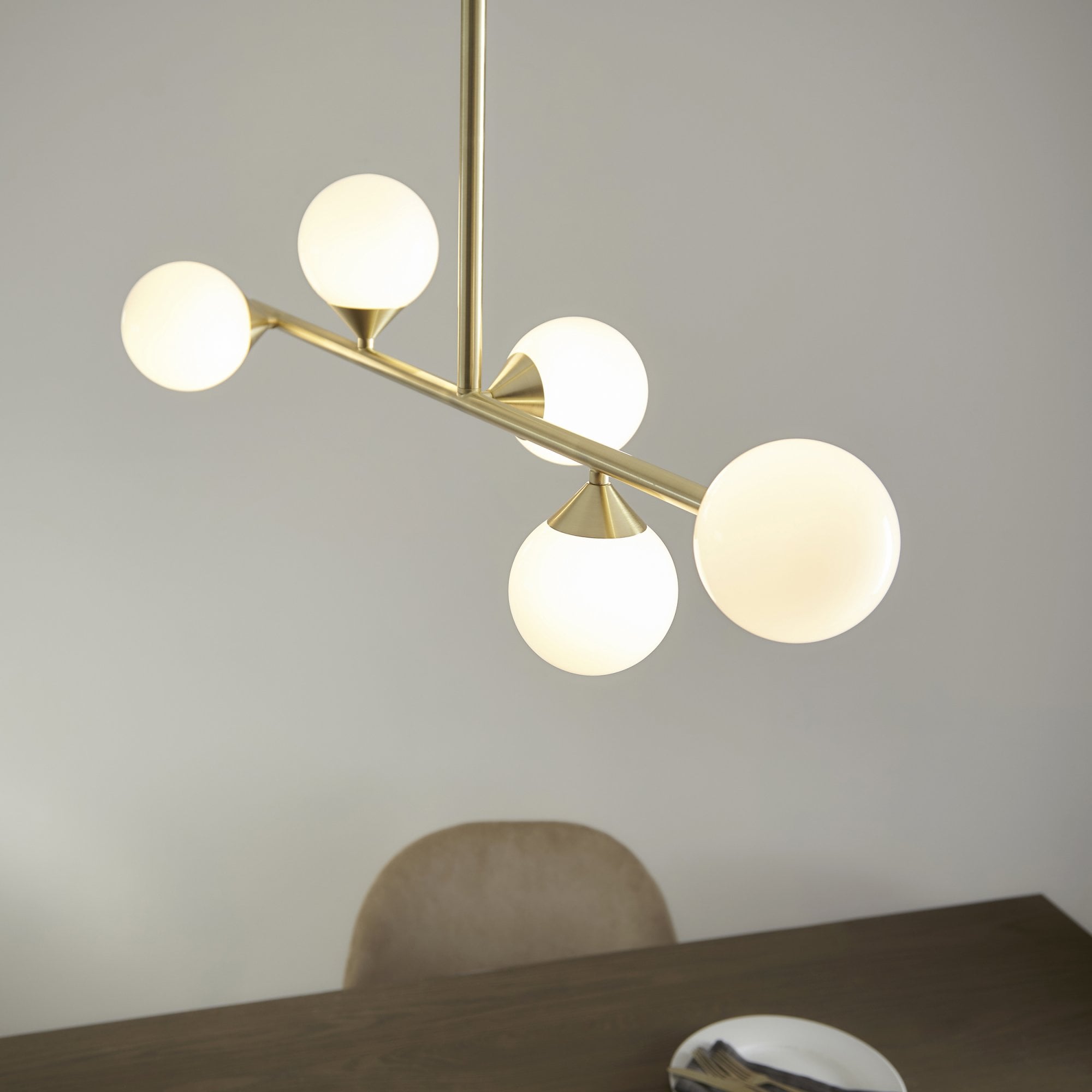Modern Linear 5 Light Ceiling Pendant Light In Satin Brass With White Glass Shades
