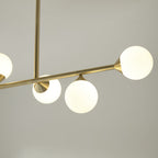 Modern Linear 5 Light Ceiling Pendant Light In Satin Brass With White Glass Shades