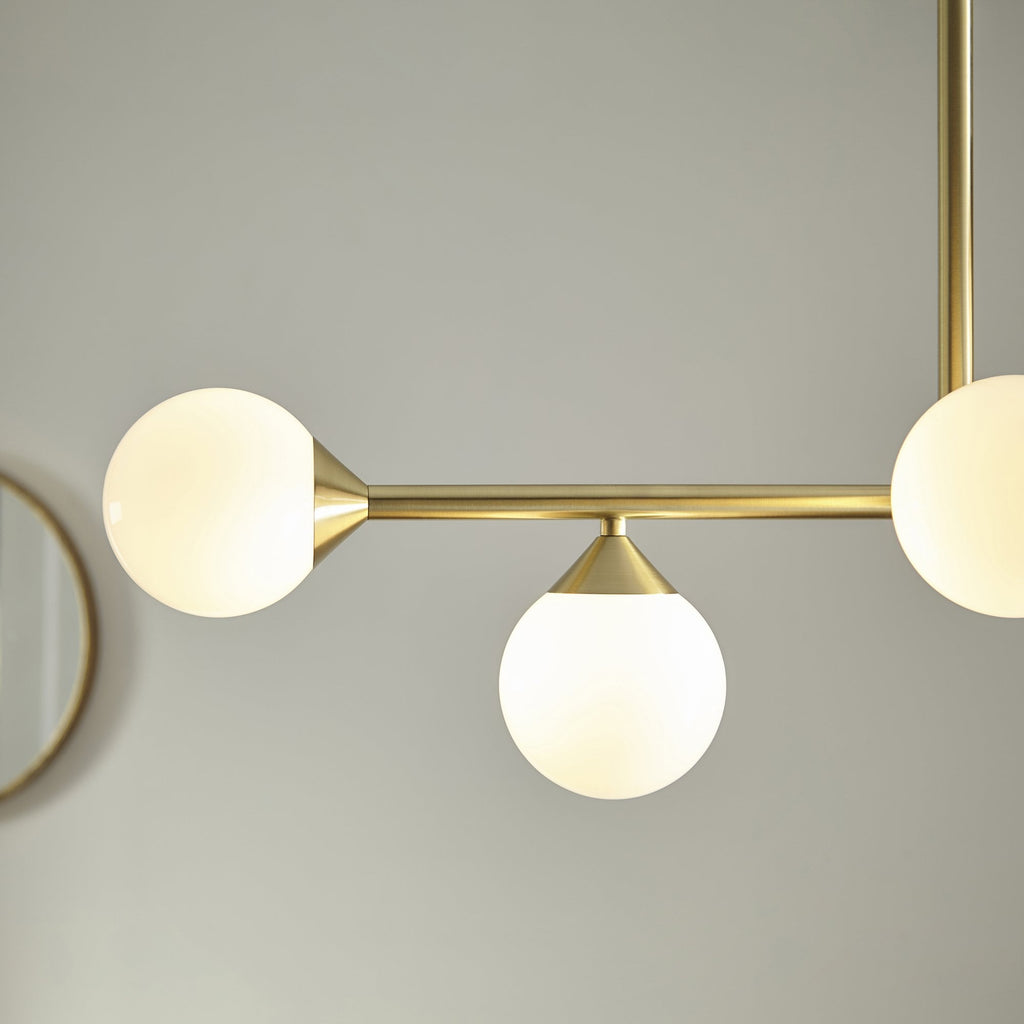 Modern Linear 5 Light Ceiling Pendant Light In Satin Brass With White Glass Shades