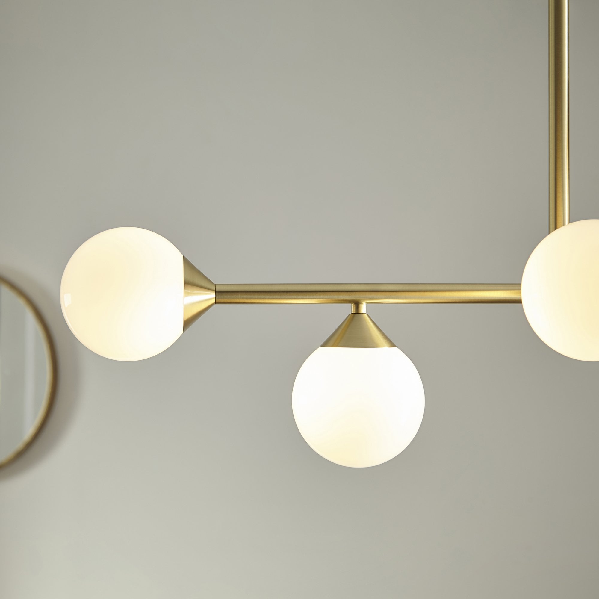 Modern Linear 5 Light Ceiling Pendant Light In Satin Brass With White Glass Shades