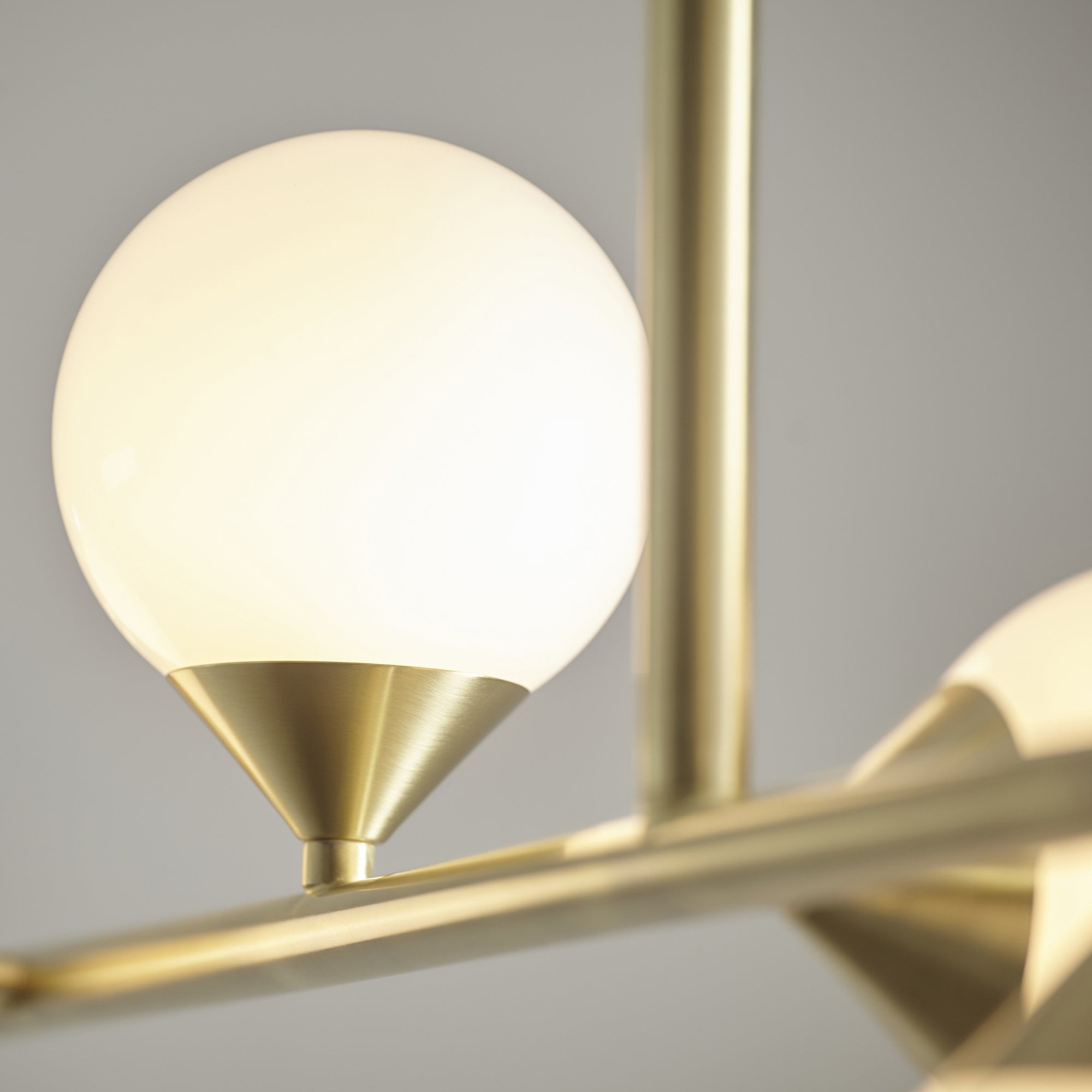 Modern Linear 5 Light Ceiling Pendant Light In Satin Brass With White Glass Shades