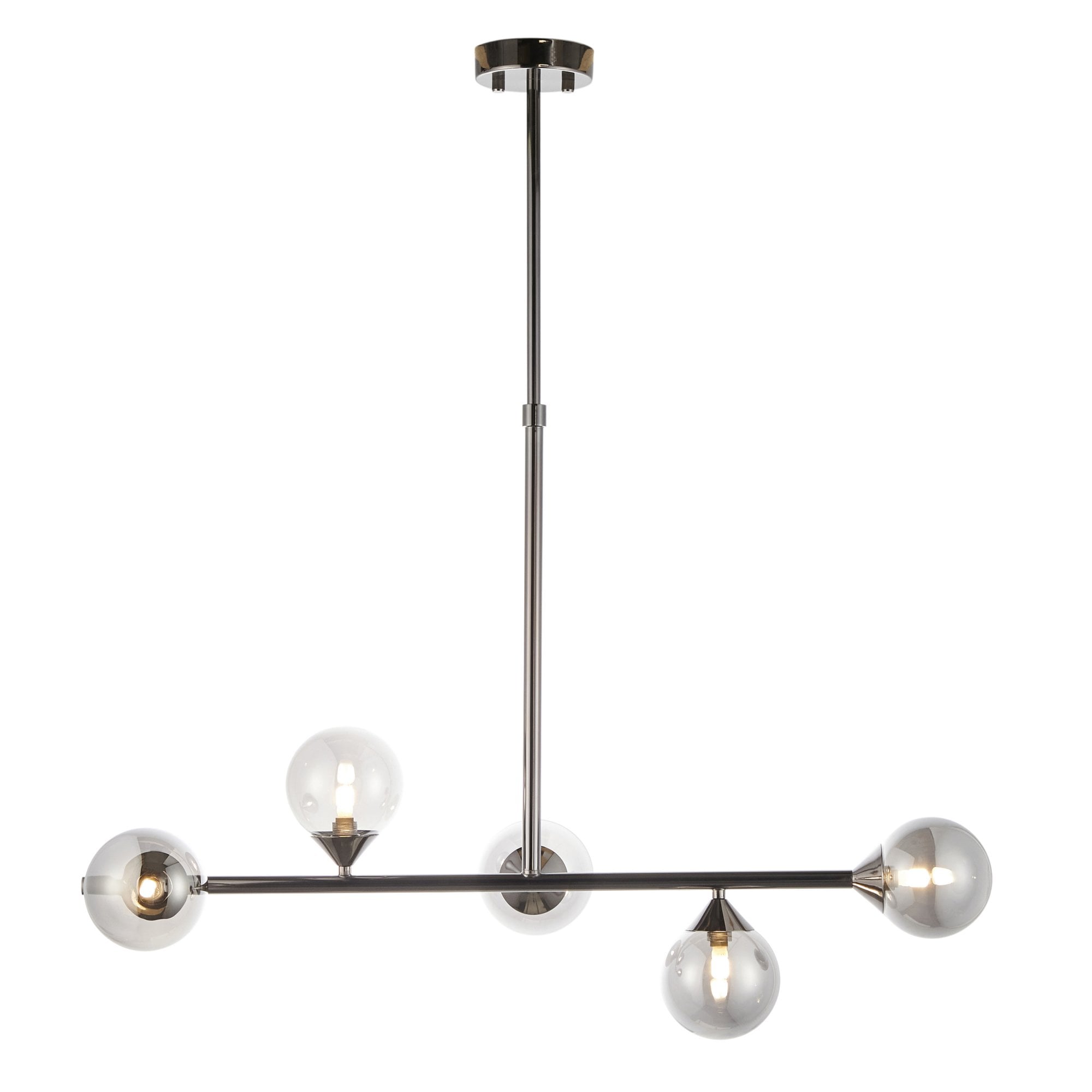 Modern Linear 5 Light Ceiling Pendant Light In Black Chrome With Smoked Glass Shades