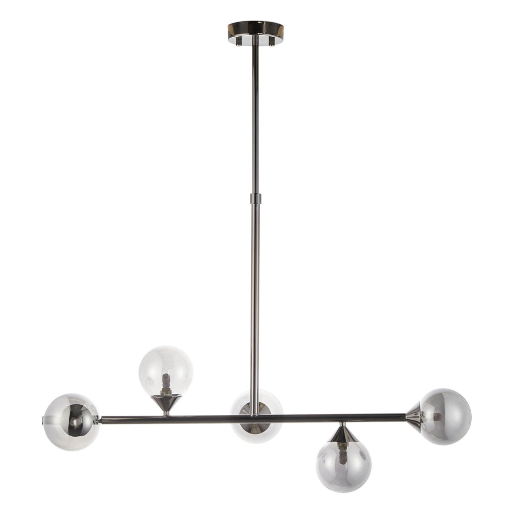 Modern Linear 5 Light Ceiling Pendant Light In Black Chrome With Smoked Glass Shades