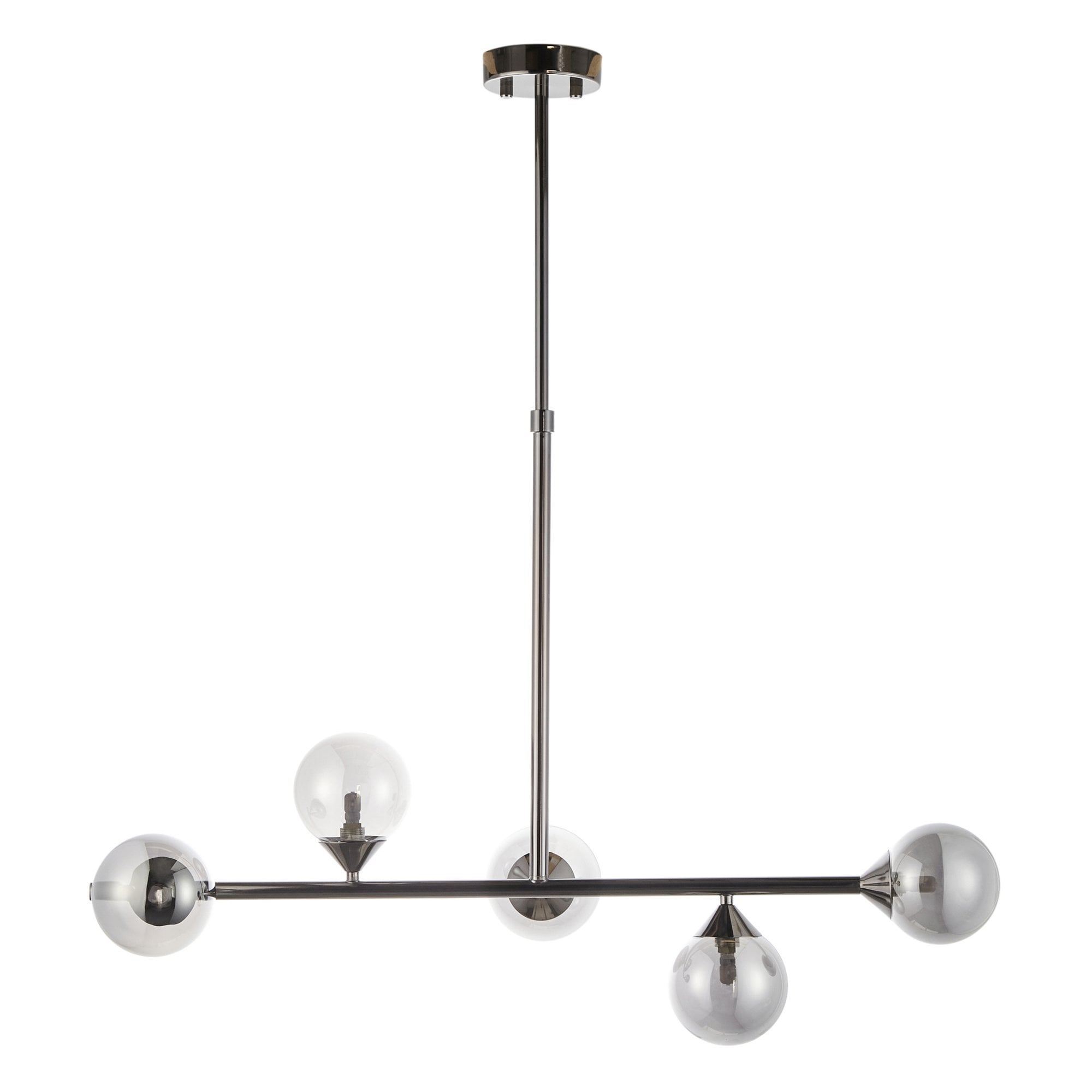 Modern Linear 5 Light Ceiling Pendant Light In Black Chrome With Smoked Glass Shades