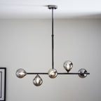 Modern Linear 5 Light Ceiling Pendant Light In Black Chrome With Smoked Glass Shades