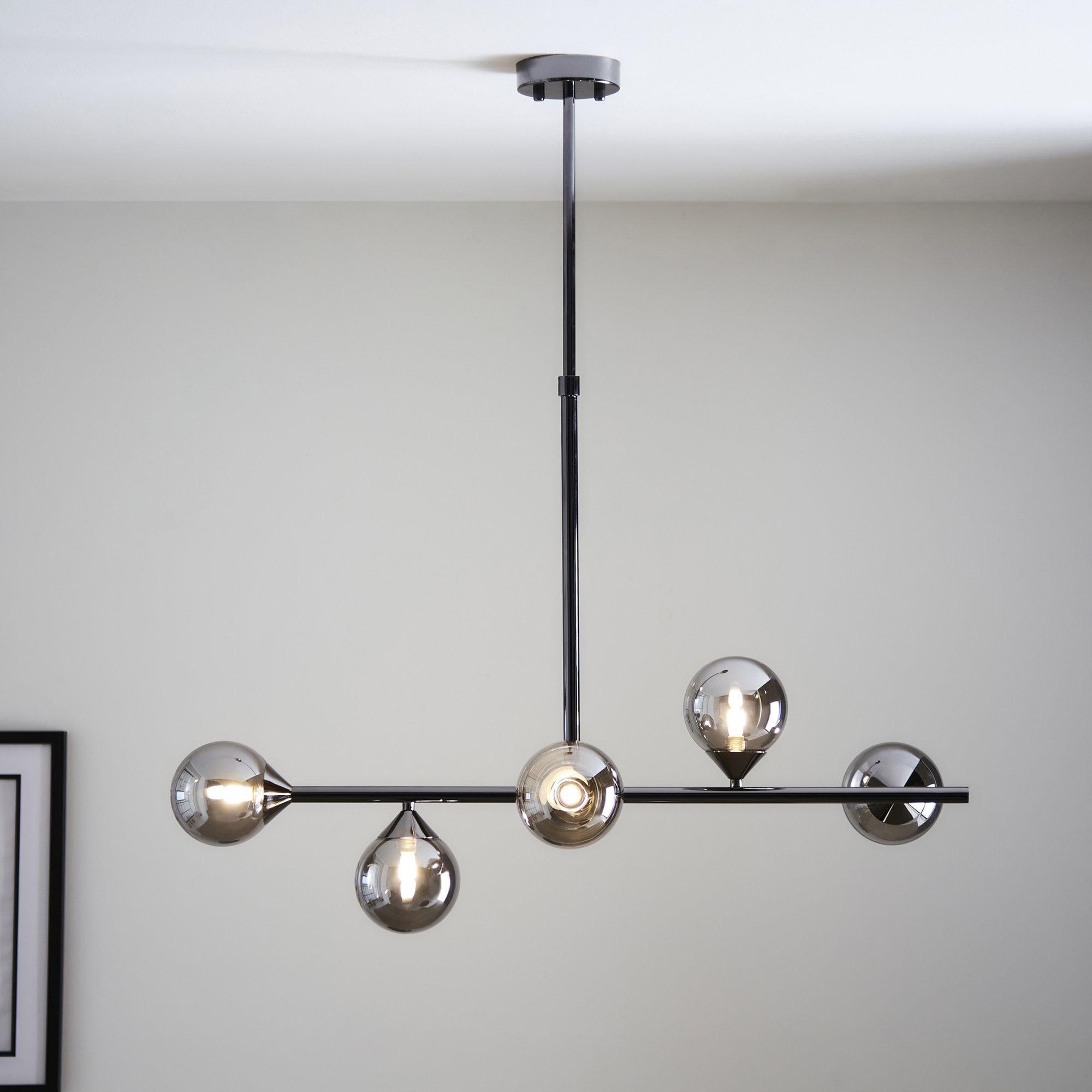 Modern Linear 5 Light Ceiling Pendant Light In Black Chrome With Smoked Glass Shades