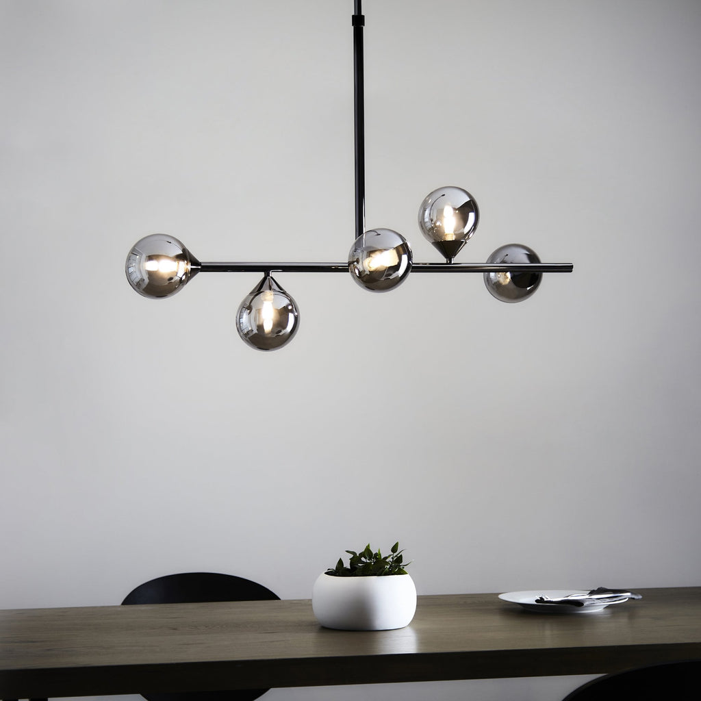 Modern Linear 5 Light Ceiling Pendant Light In Black Chrome With Smoked Glass Shades