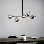 Modern Linear 5 Light Ceiling Pendant Light In Black Chrome With Smoked Glass Shades