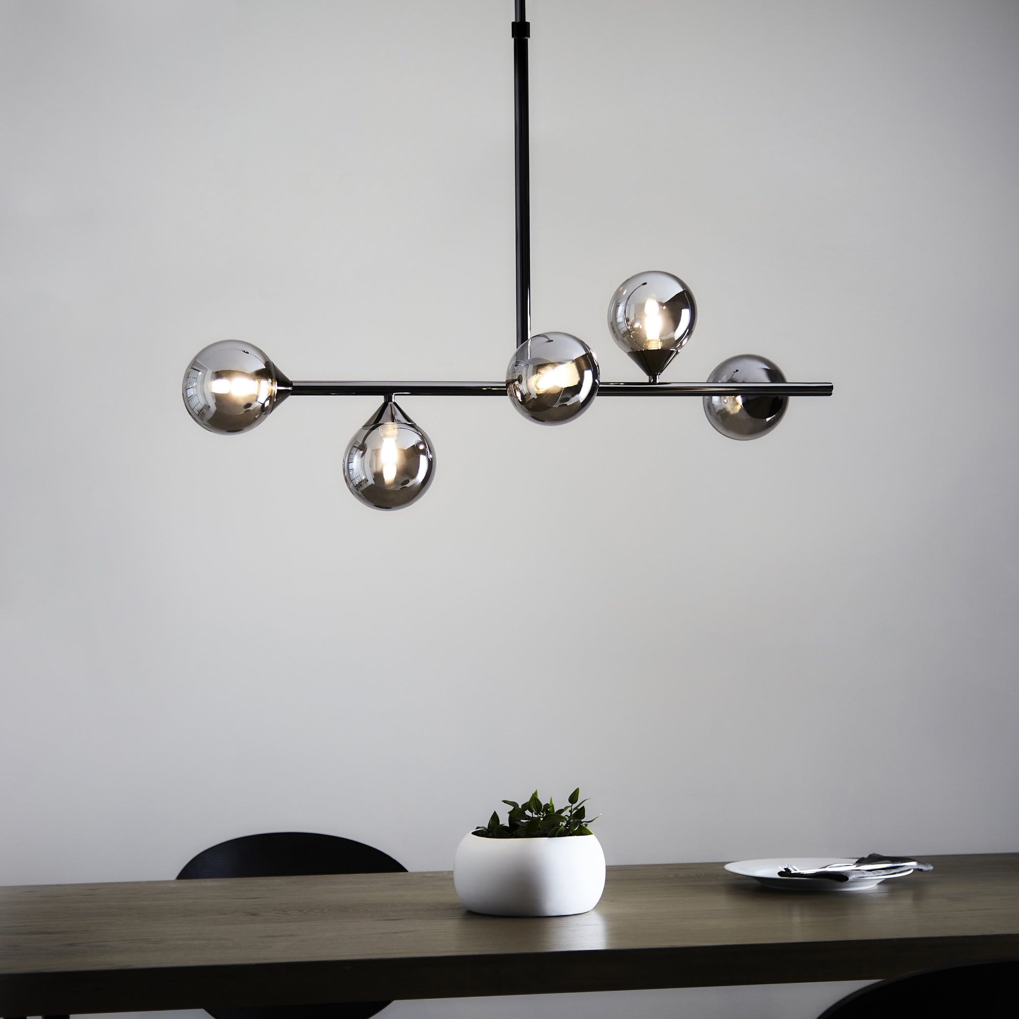Modern Linear 5 Light Ceiling Pendant Light In Black Chrome With Smoked Glass Shades