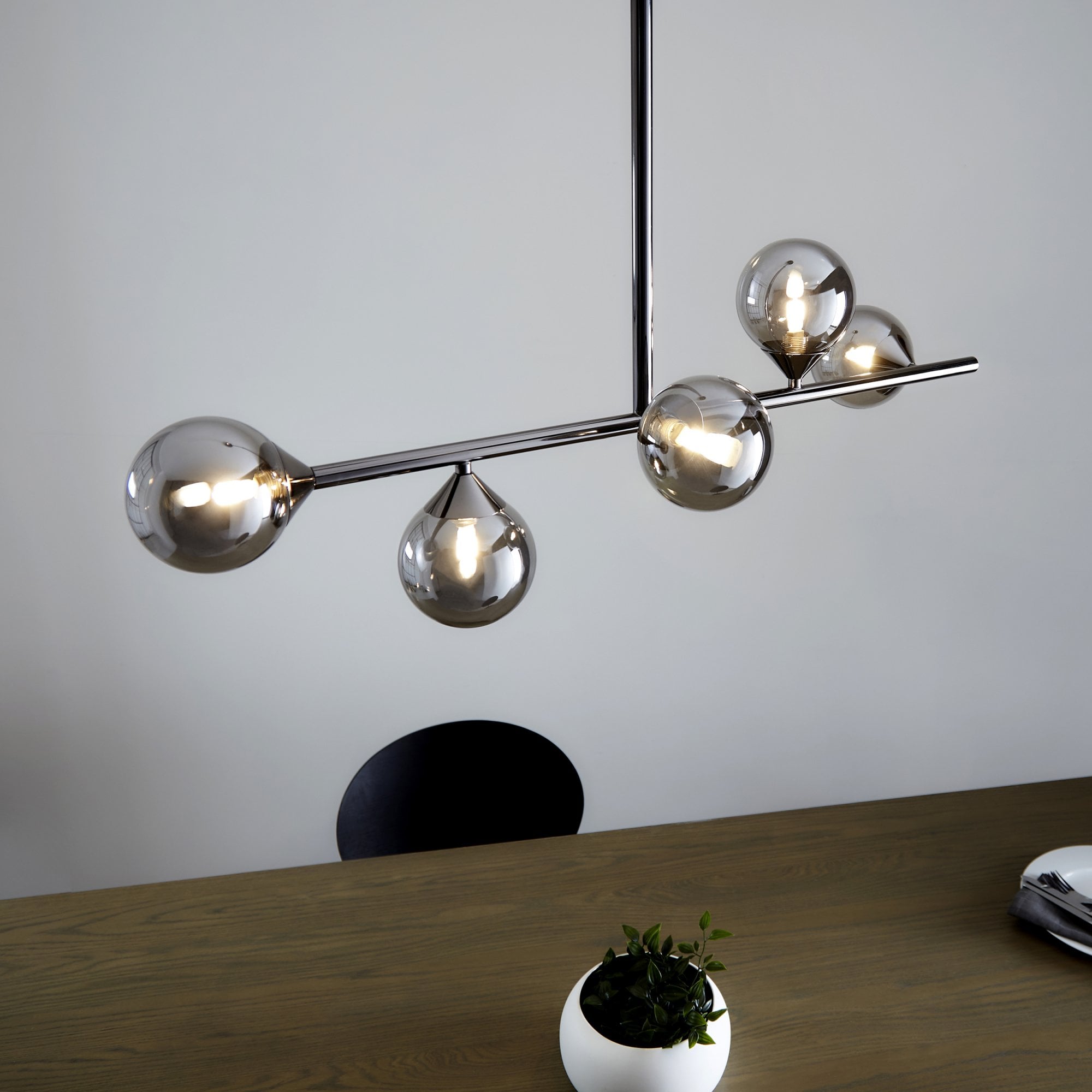 Modern Linear 5 Light Ceiling Pendant Light In Black Chrome With Smoked Glass Shades