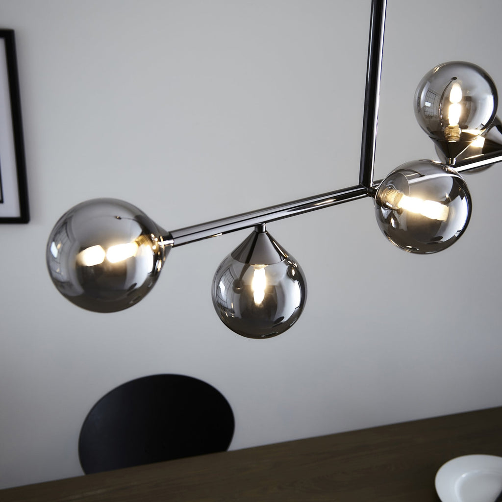 Modern Linear 5 Light Ceiling Pendant Light In Black Chrome With Smoked Glass Shades