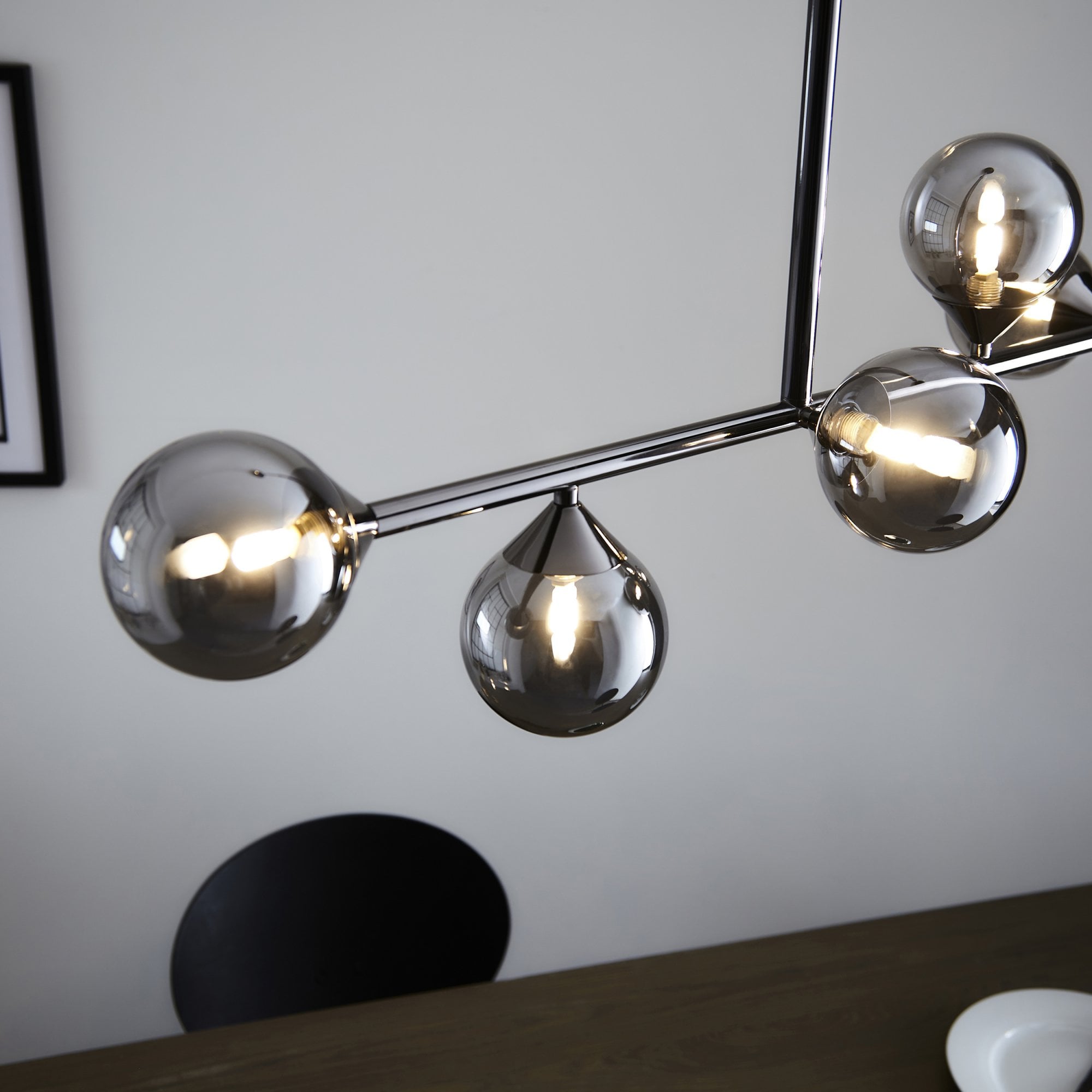 Modern Linear 5 Light Ceiling Pendant Light In Black Chrome With Smoked Glass Shades