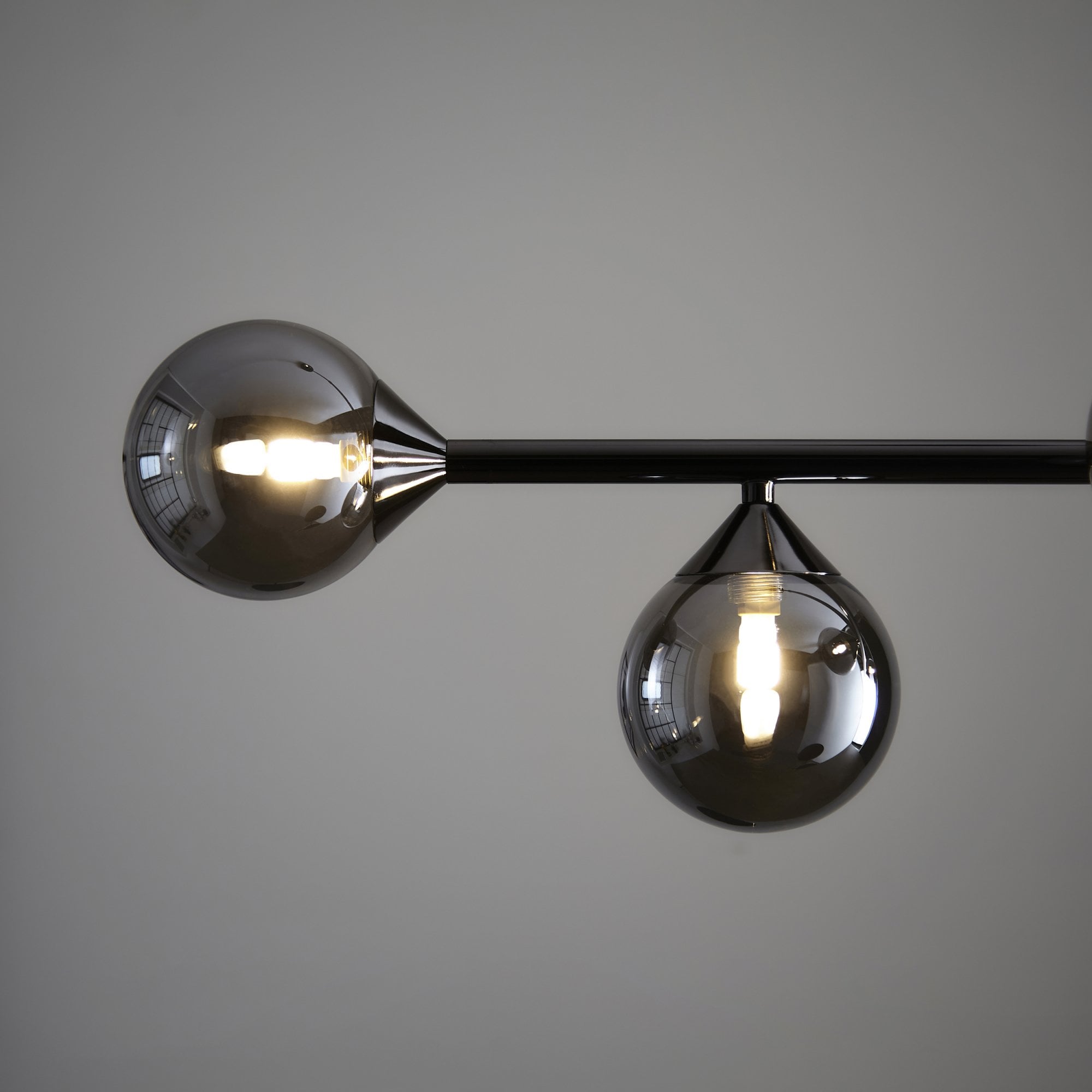 Modern Linear 5 Light Ceiling Pendant Light In Black Chrome With Smoked Glass Shades