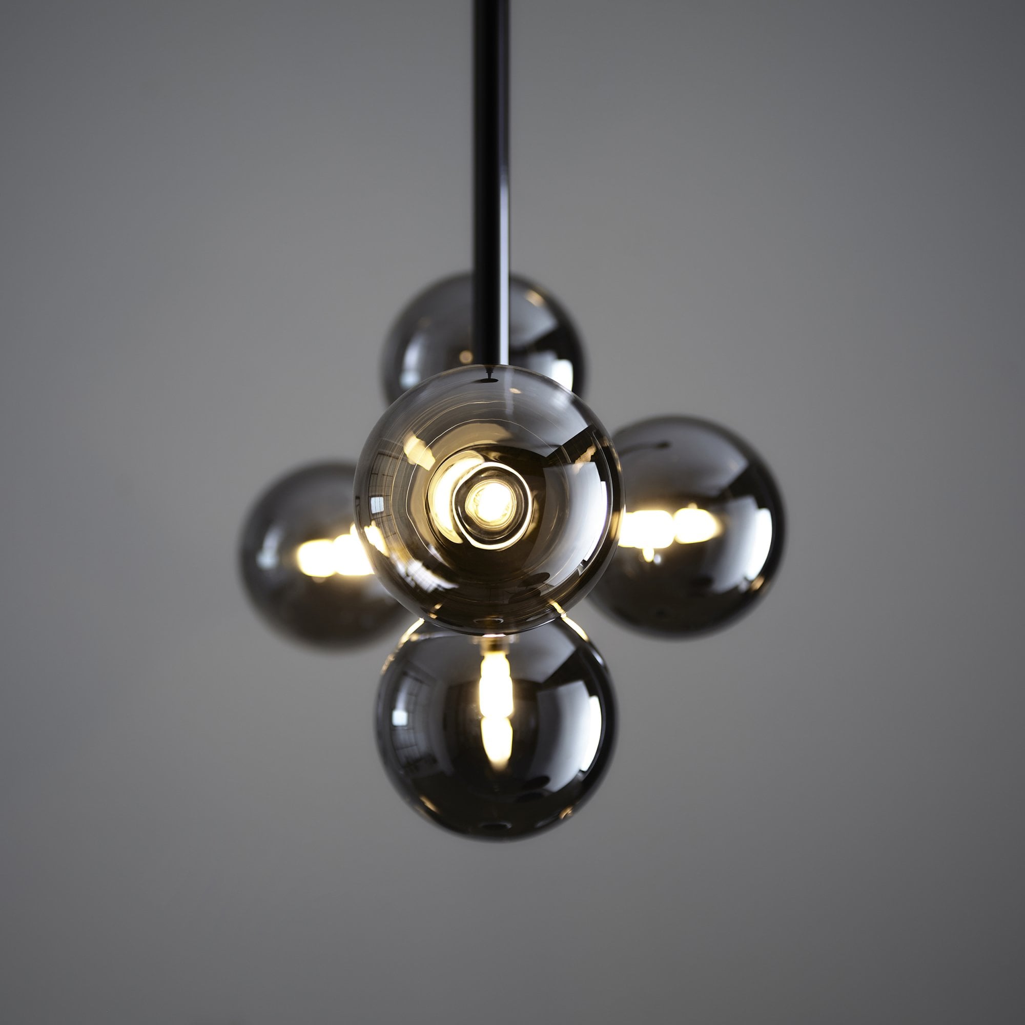 Modern Linear 5 Light Ceiling Pendant Light In Black Chrome With Smoked Glass Shades