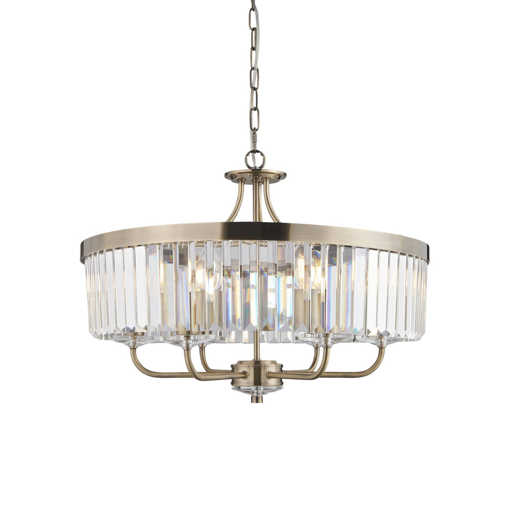 Elegant 6 Light Ceiling Pendant In Antique Brass With Clear Cut Glass