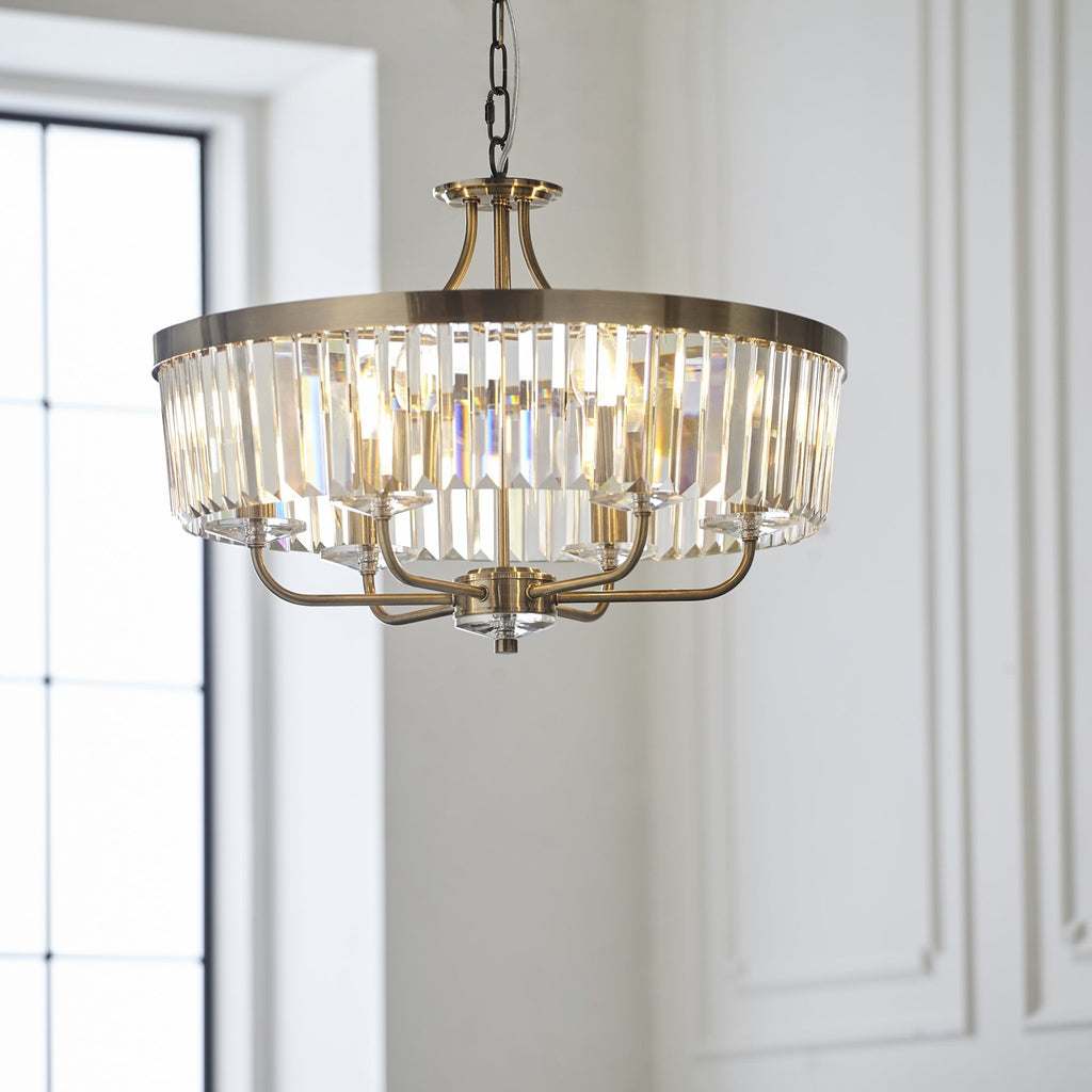 Elegant 6 Light Ceiling Pendant In Antique Brass With Clear Cut Glass