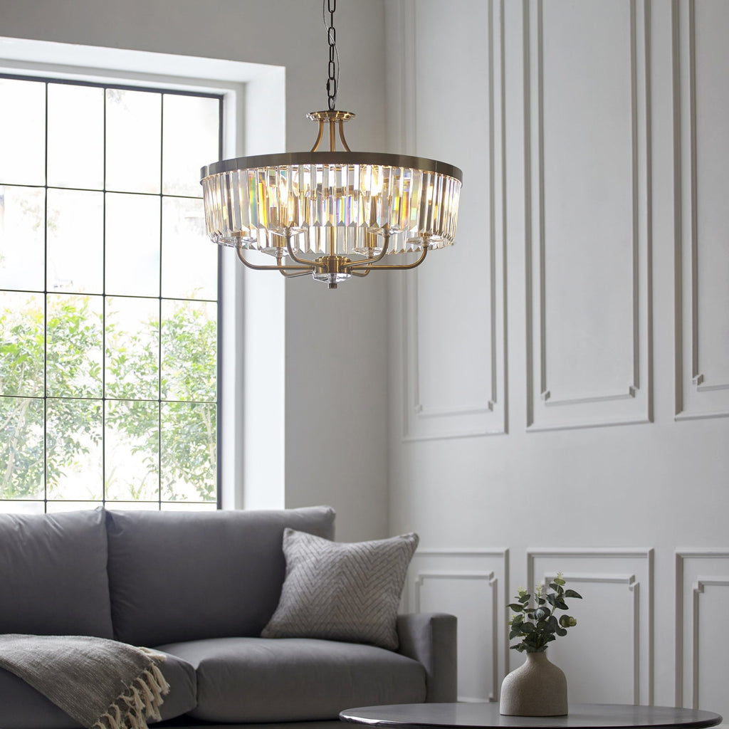 Elegant 6 Light Ceiling Pendant In Antique Brass With Clear Cut Glass