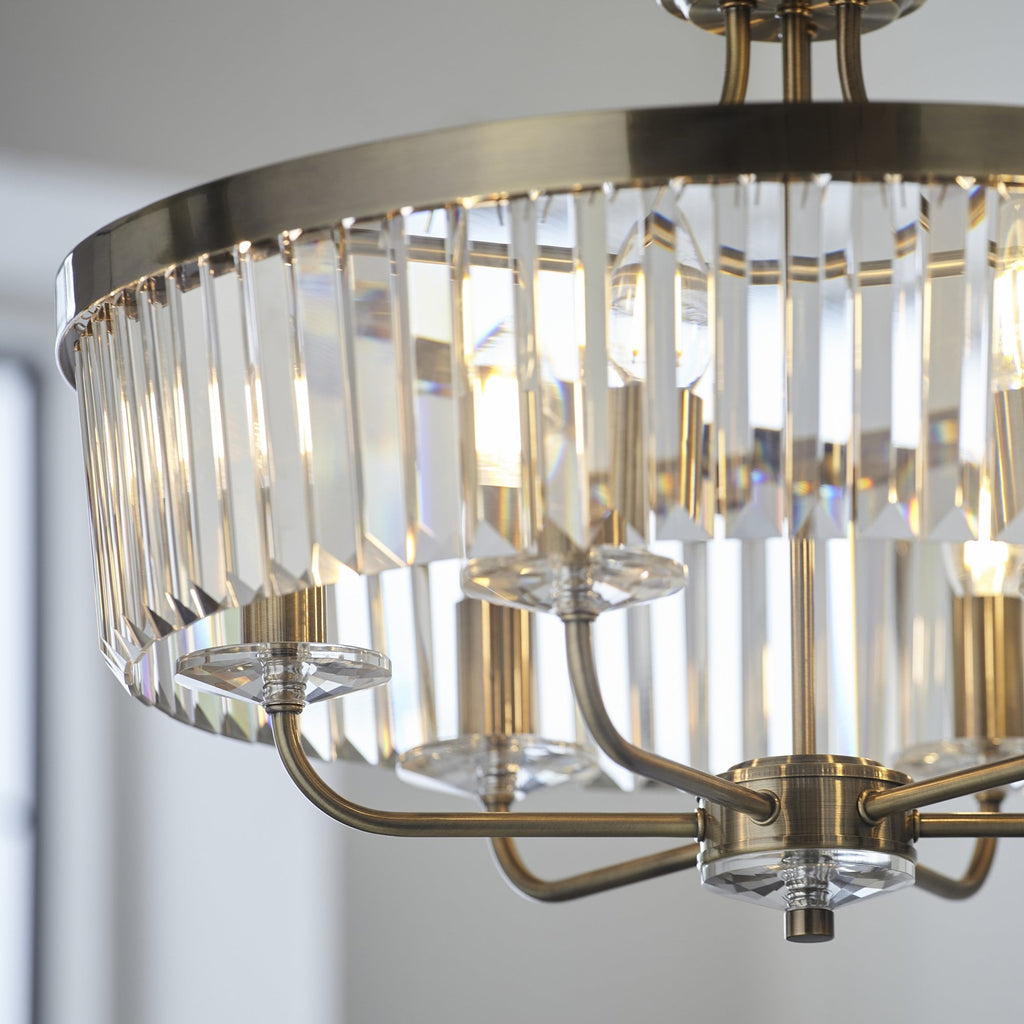 Elegant 6 Light Ceiling Pendant In Antique Brass With Clear Cut Glass