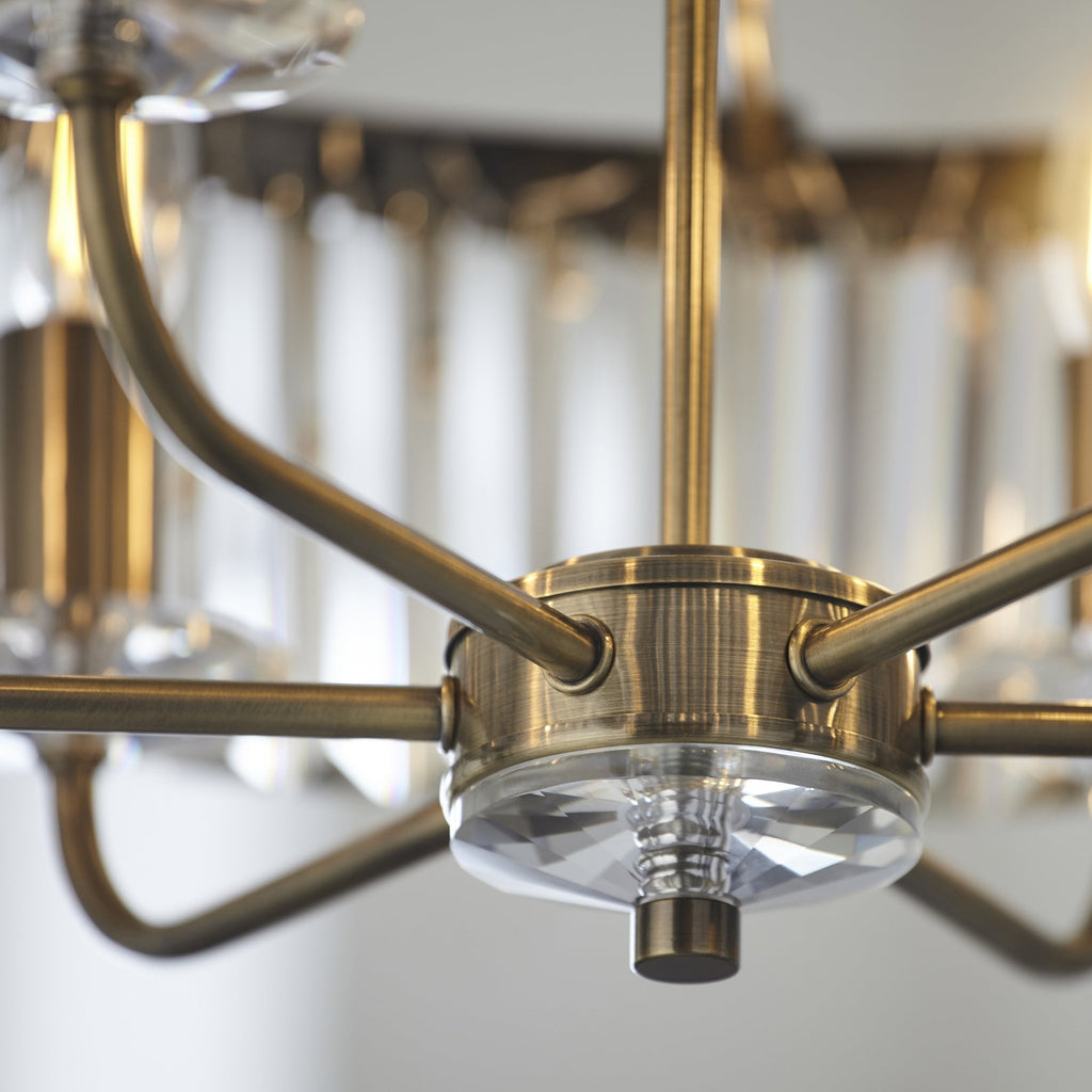 Elegant 6 Light Ceiling Pendant In Antique Brass With Clear Cut Glass