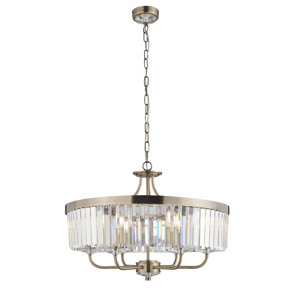 Elegant 6 Light Ceiling Pendant In Antique Brass With Clear Cut Glass