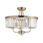 Elegant 3 Light Semi Flush Light In Antique Brass With Clear Cut Crystal Glass