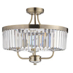 Elegant 3 Light Semi Flush Light In Antique Brass With Clear Cut Crystal Glass