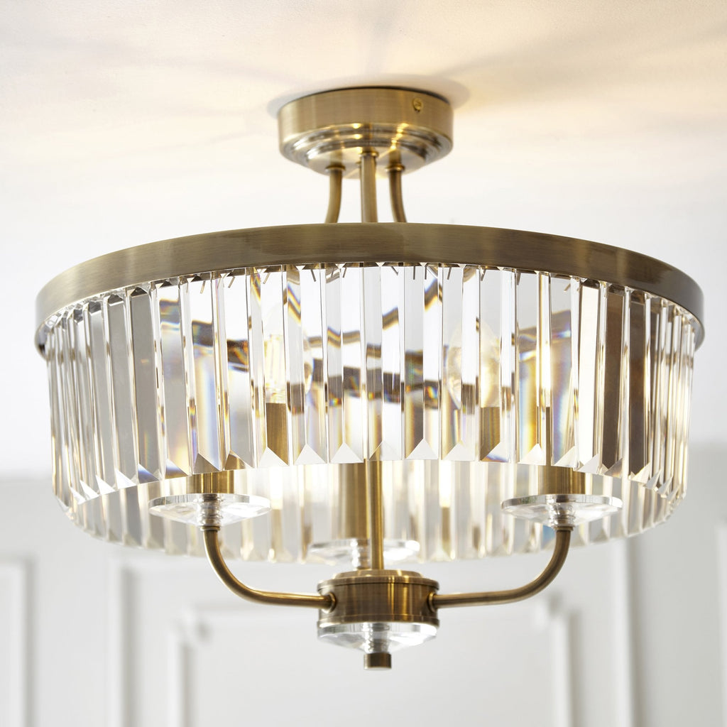 Elegant 3 Light Semi Flush Light In Antique Brass With Clear Cut Crystal Glass