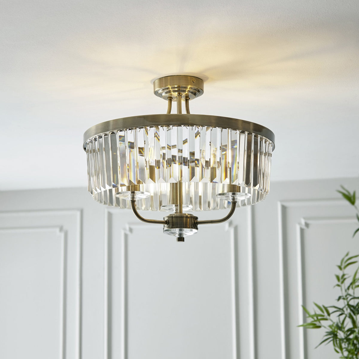 Elegant 3 Light Semi Flush Light In Antique Brass With Clear Cut Cryst ...
