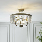 Elegant 3 Light Semi Flush Light In Antique Brass With Clear Cut Crystal Glass