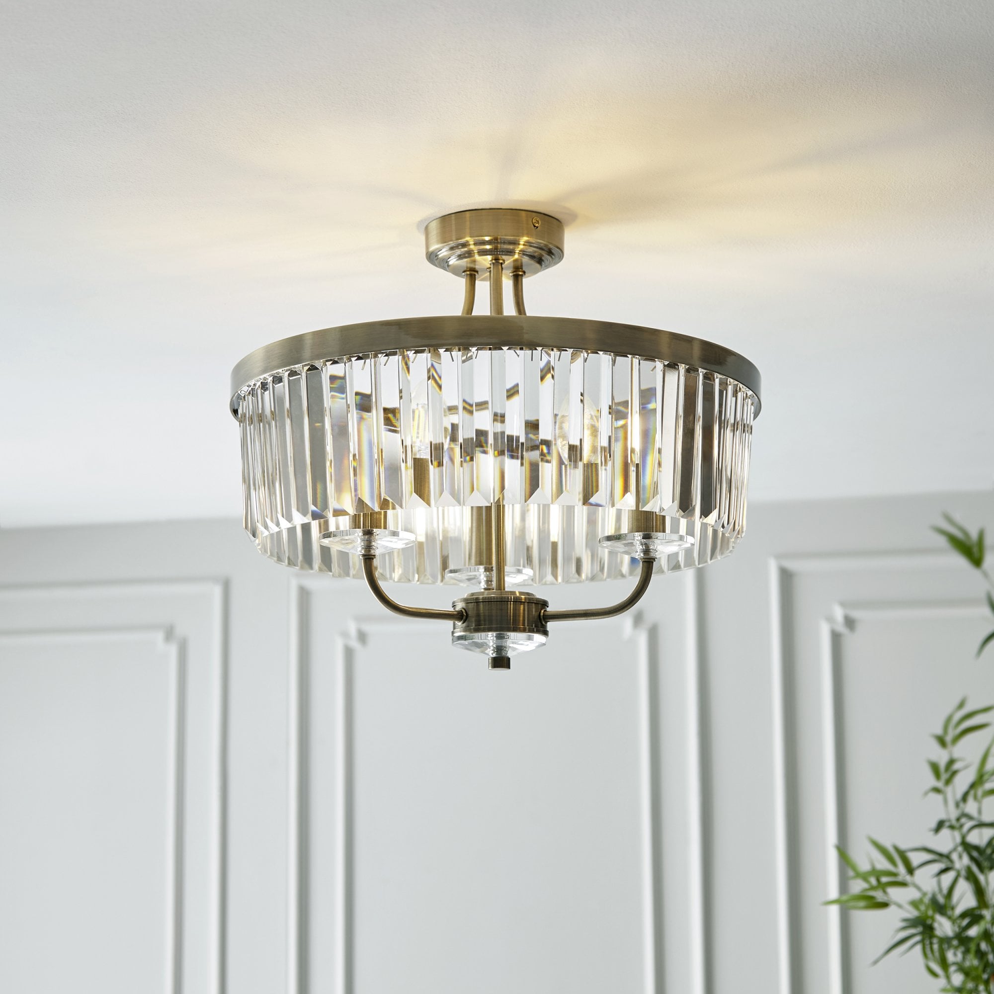 Elegant 3 Light Semi Flush Light In Antique Brass With Clear Cut Crystal Glass