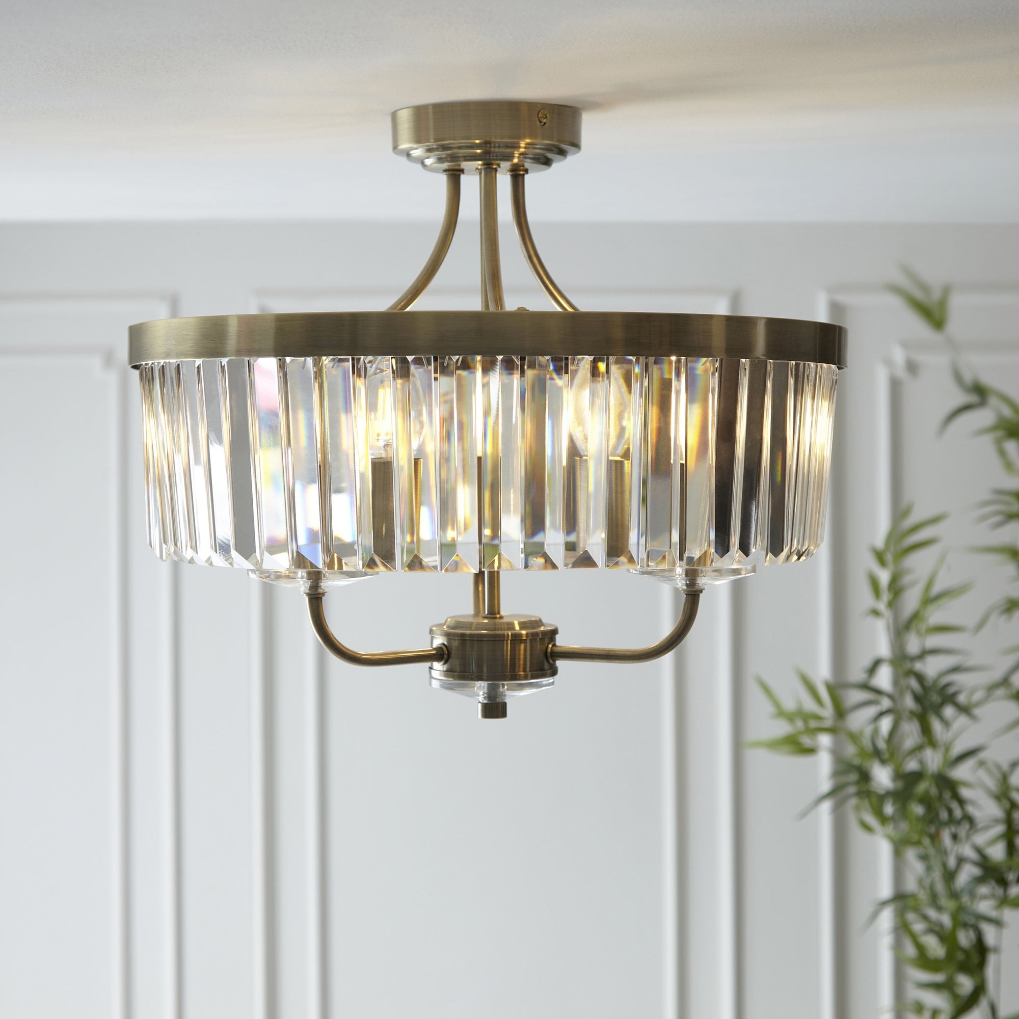 Elegant 3 Light Semi Flush Light In Antique Brass With Clear Cut Crystal Glass