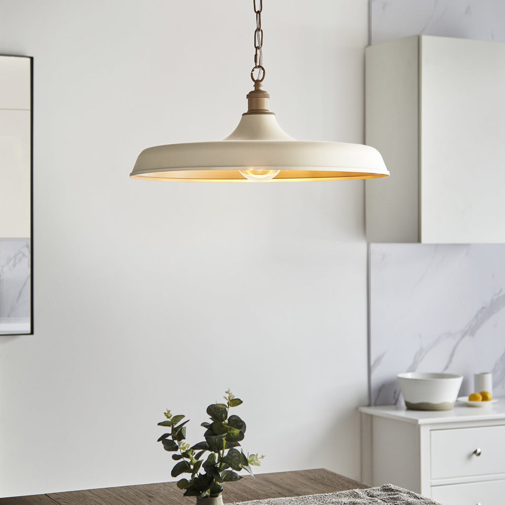 Sleek Ceiling Pendant Light In Matt Warm White And Satin Gold Paint