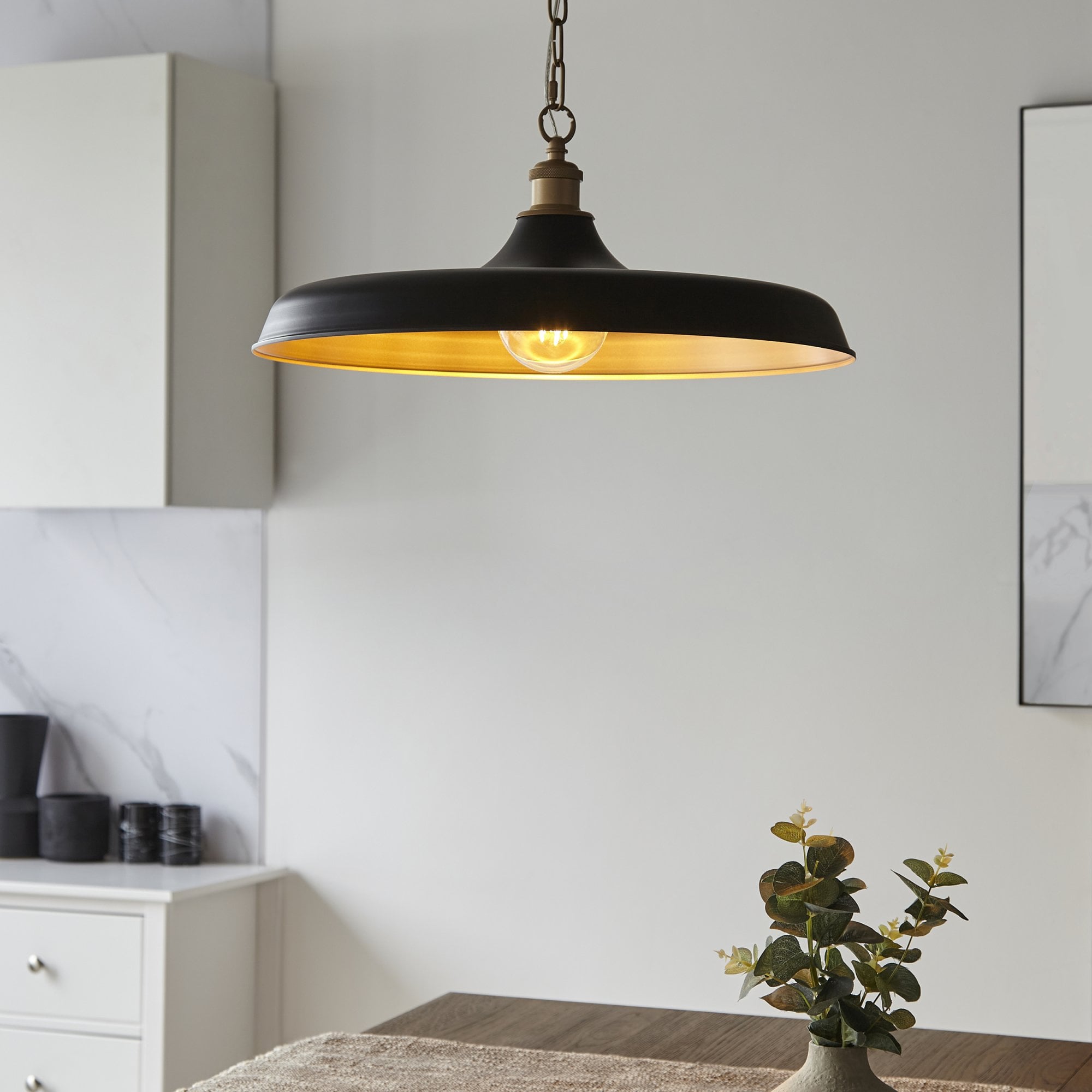 Sleek Ceiling Pendant Light In Matt Black And Satin Gold Paint