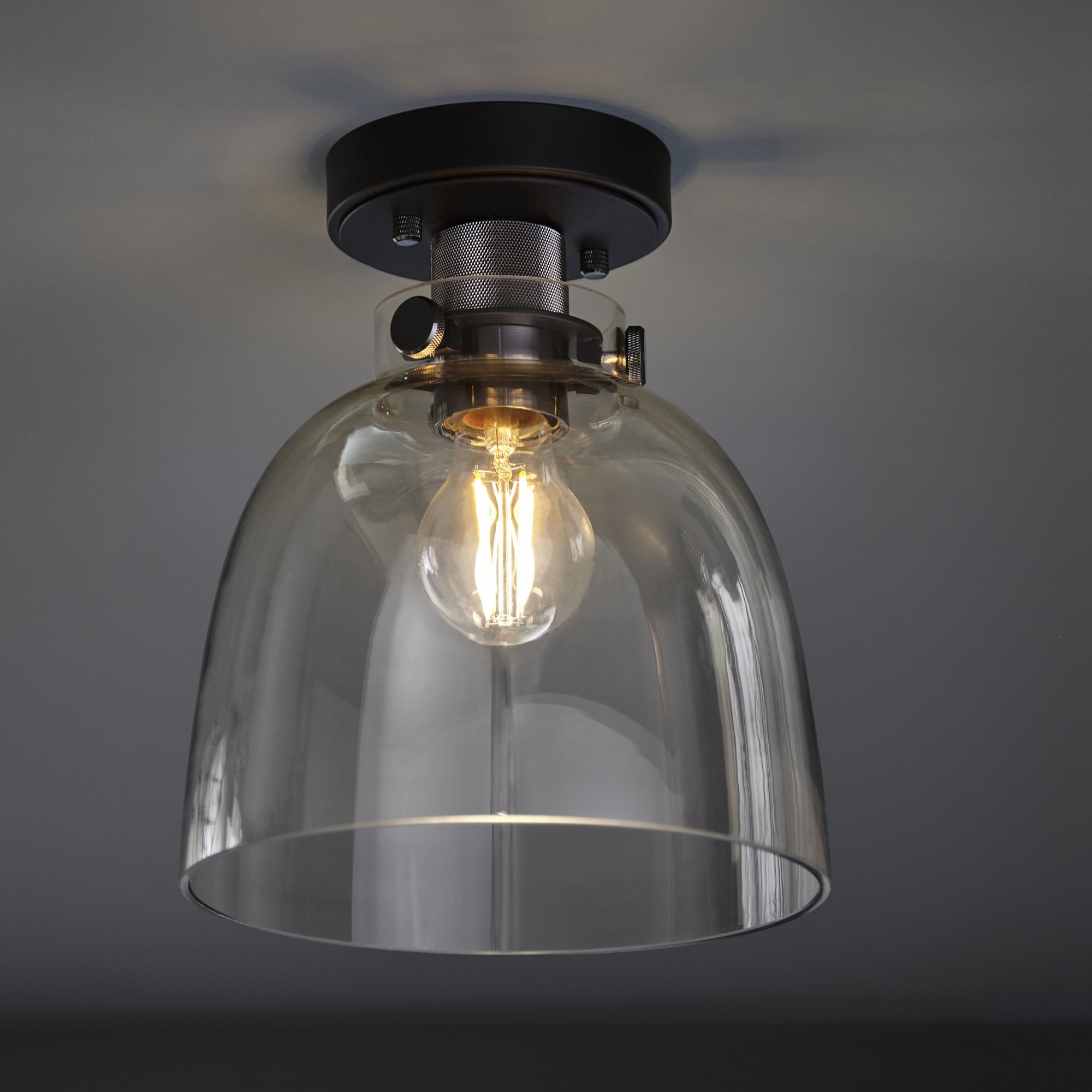 Industrial Flush Ceiling Light In Matt Black And Chrome Finish With Smoked Glass